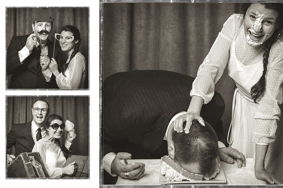 portrait-couple-fun-cake-smash-funny-happy-old-vintage-montage-ballarat-infocus-photography